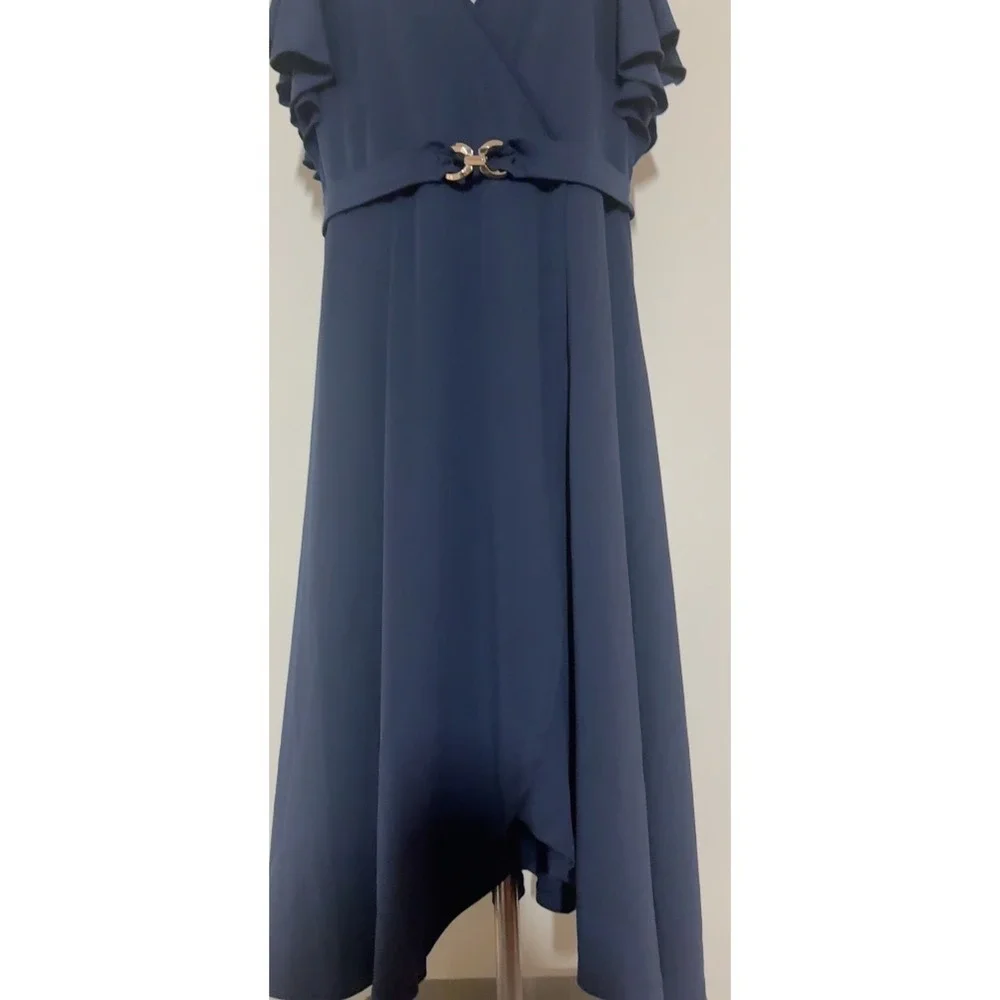 Midi Wrap Dress Women 1XL Navy Blue Good High-Low Ruffle Sleeve Gold Buckle NWOT